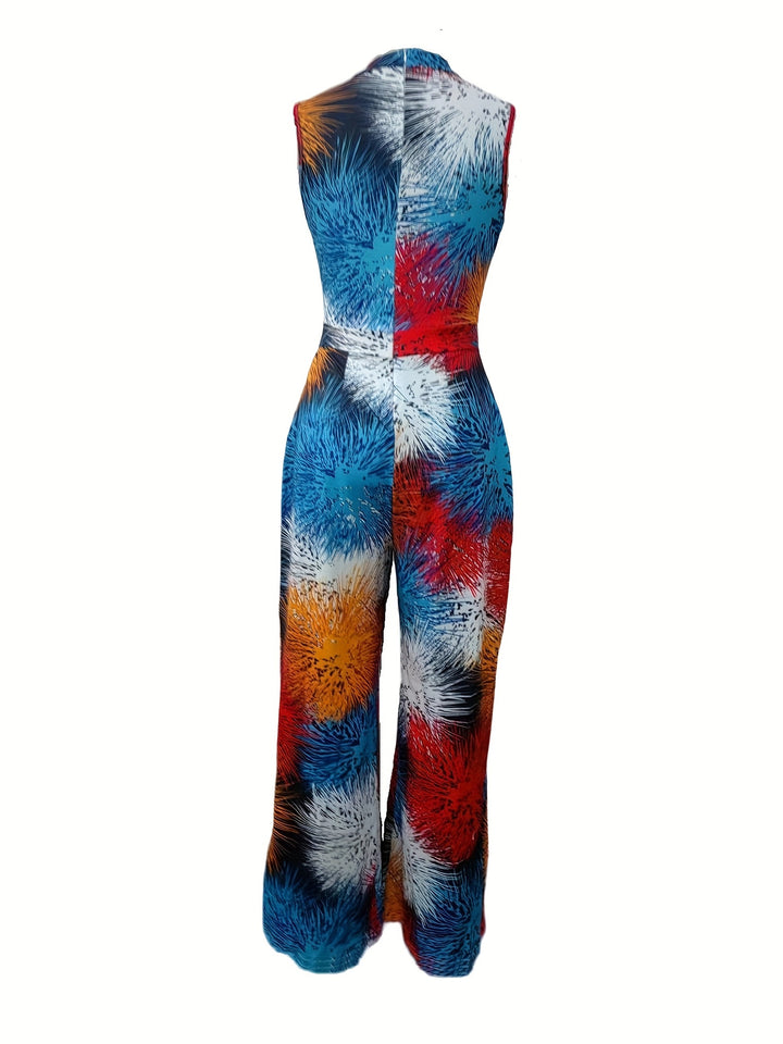 Abstract Tropical Print Sleeveless Belted Wide Leg Jumpsuit