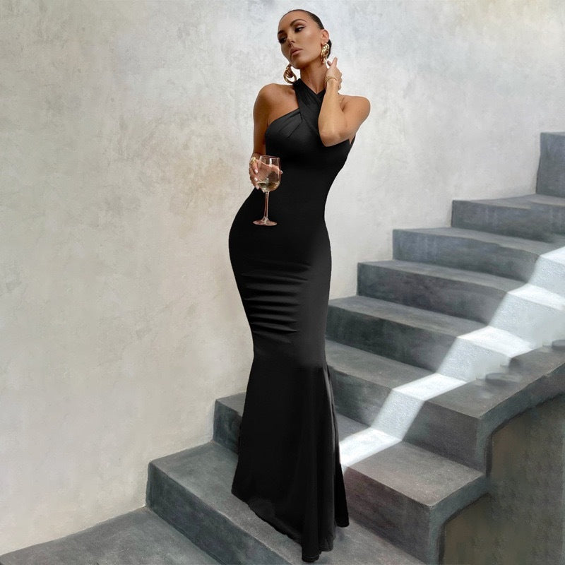 Cross Halter Neck Backless Bodycon Fishtail Maxi Dress