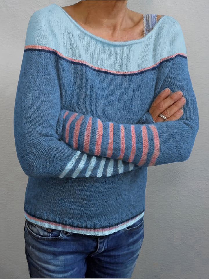 Isolde | Women's Colorblock Boat Neck Sweater with Striped Cuffs
