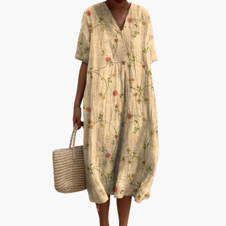 Floral Cotton V Neck Short Sleeve Oversized Casual Midi Dress