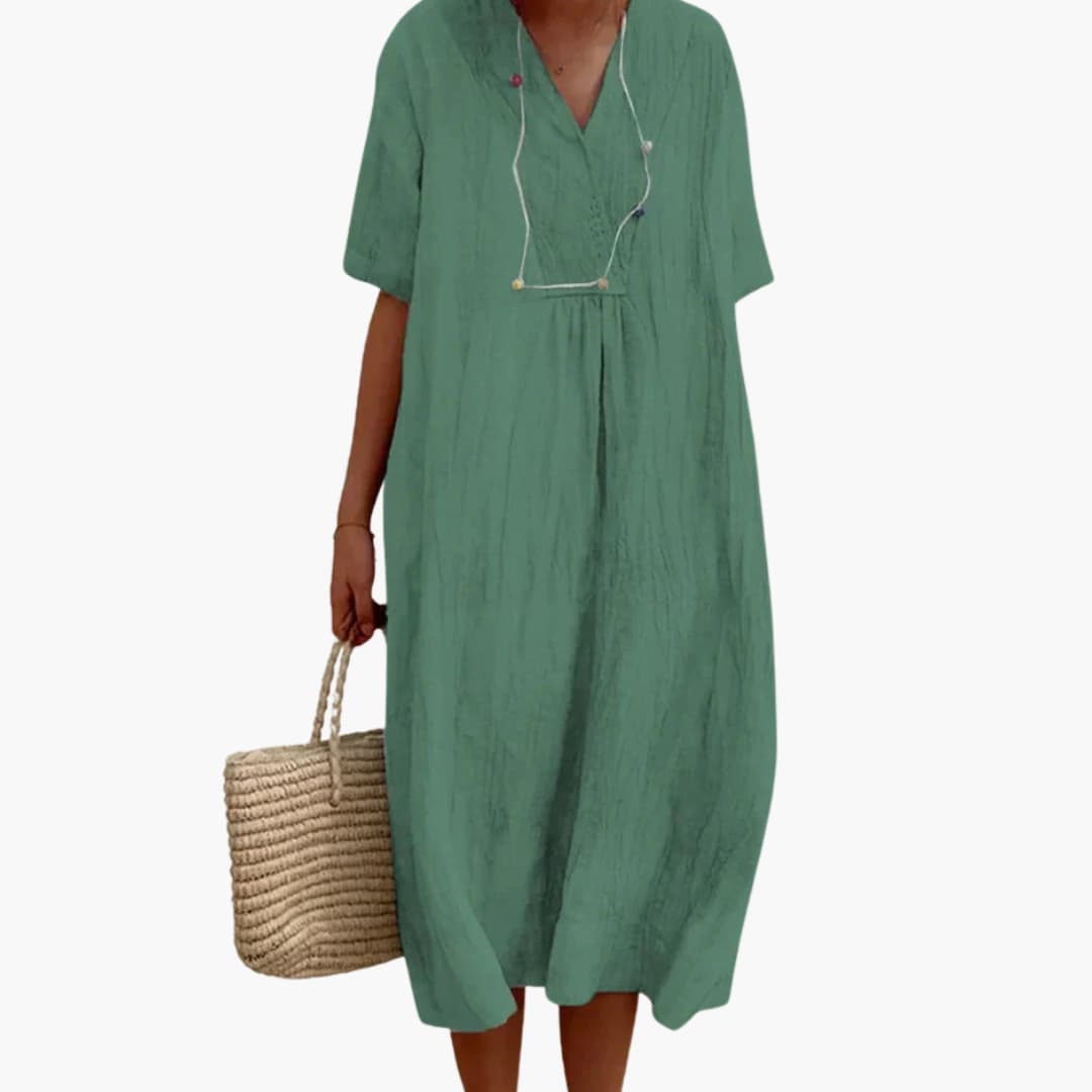V-Neck Button Placket Relaxed Linen Midi Dress
