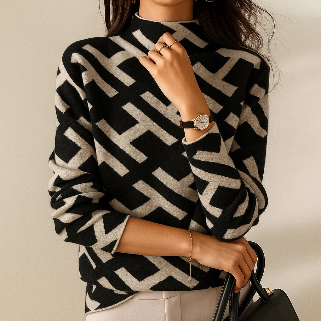 Genevra | Women's Black White Geometric Print Mock Neck Sweater