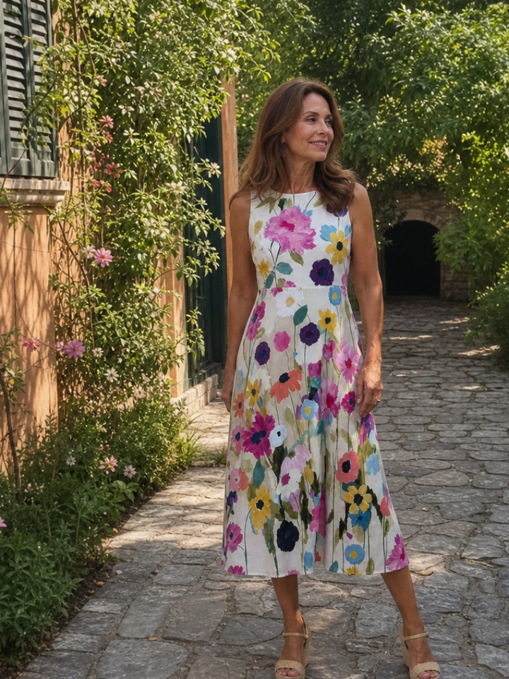 Floral Print Round Neck Sleeveless A Line Midi Dress