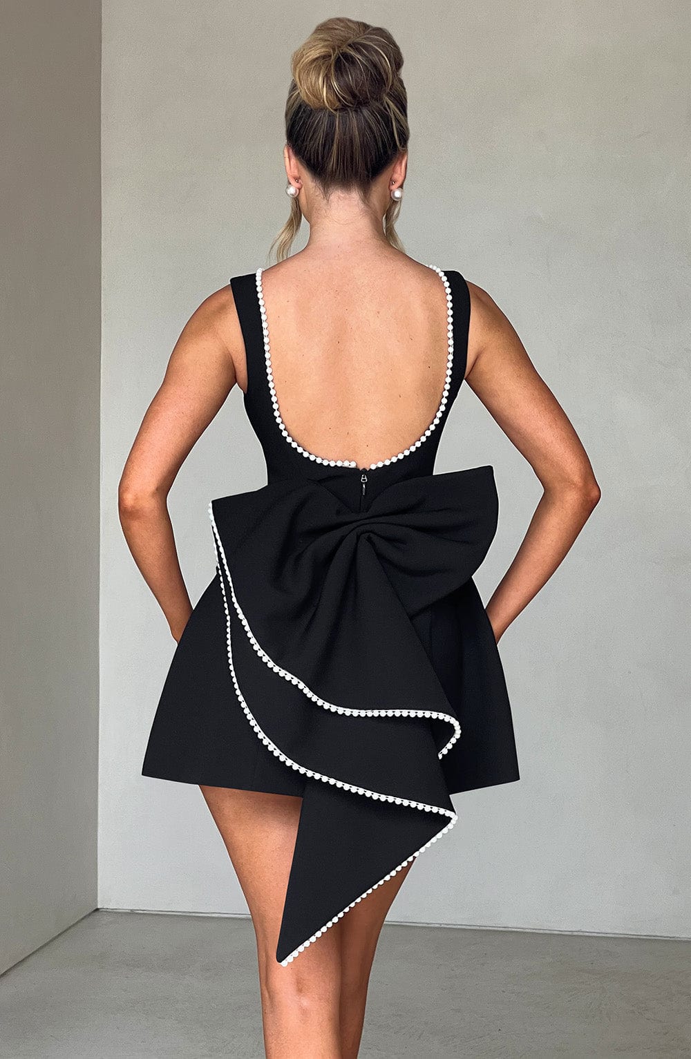 Pearl Trim Bow Detail Structured Sleeveless Mini Dress - Wedding Guest