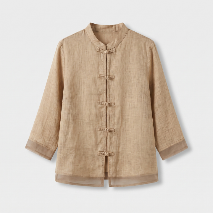 Mandarin Collar Frog Button Linen Blouse for Casual Style