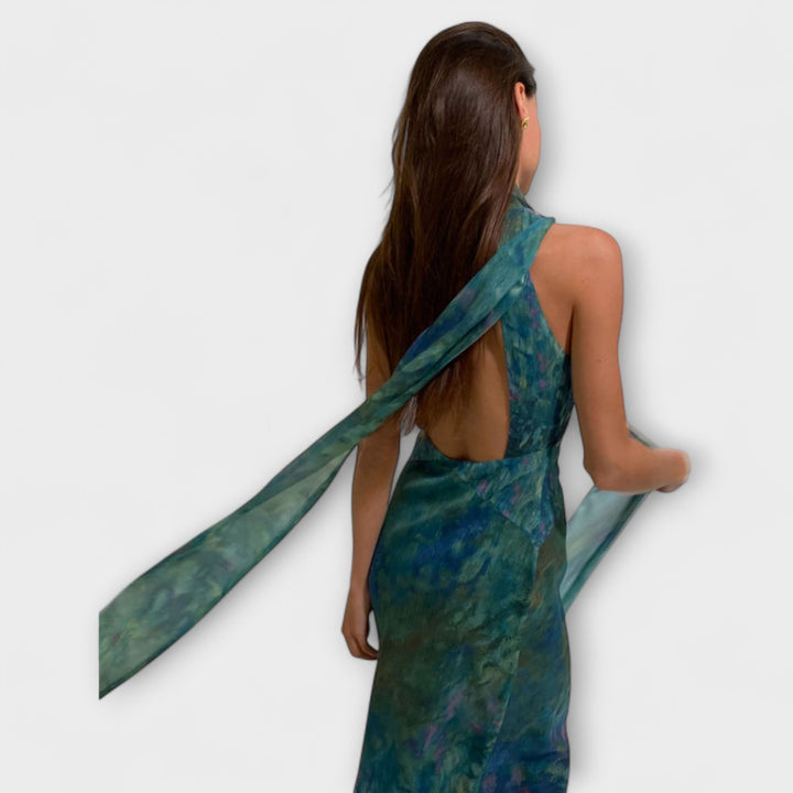 Floral Print Halter Maxi Dress - Formal Evening Gown