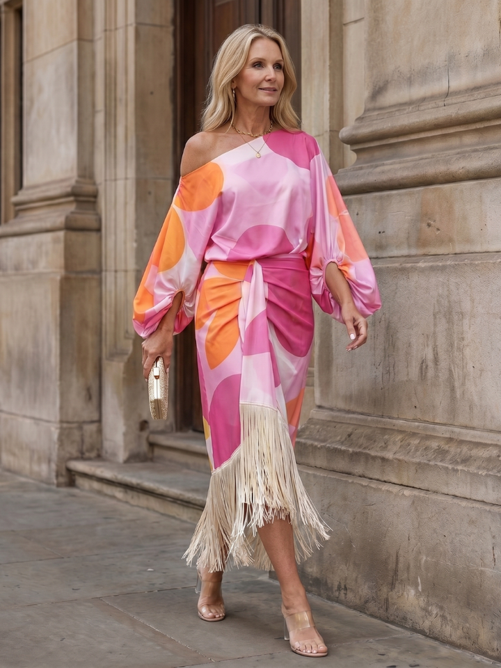 Abstract Print One Shoulder Batwing Sleeve Fringe Midi Dress