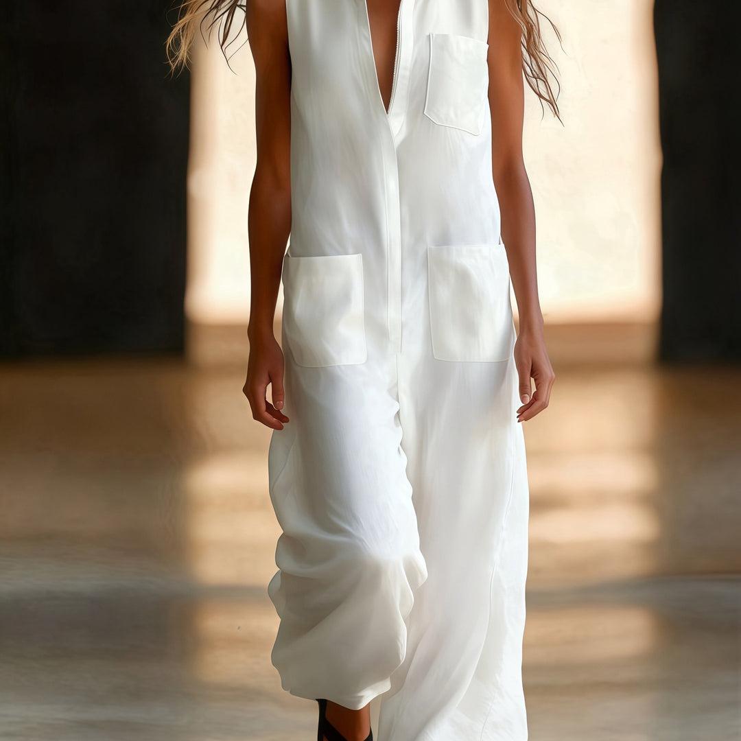 Linen Collared Sleeveless Wide Leg Utility Jumpsuit