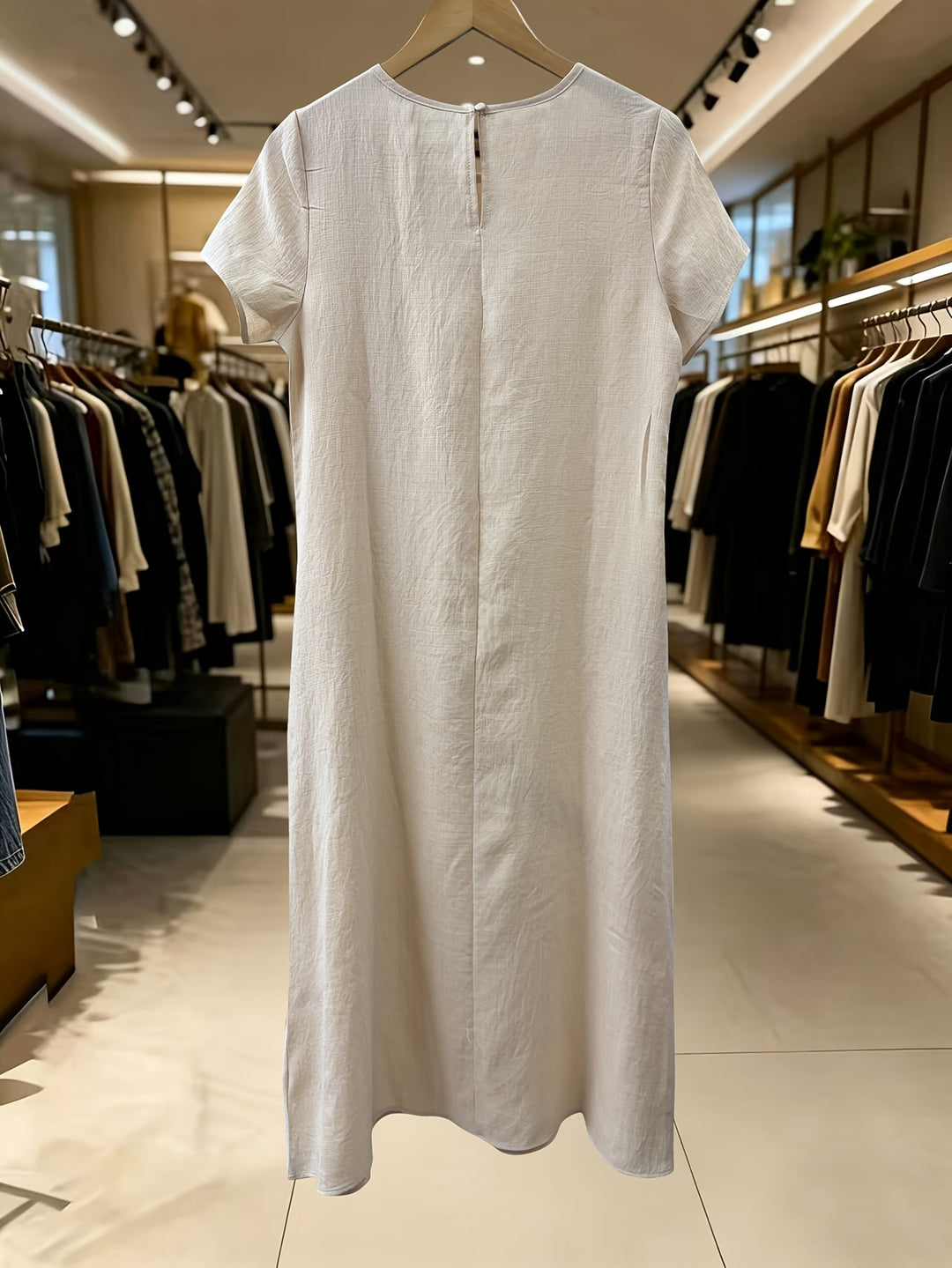Linen Button Detail Short Sleeve Casual Midi Dress