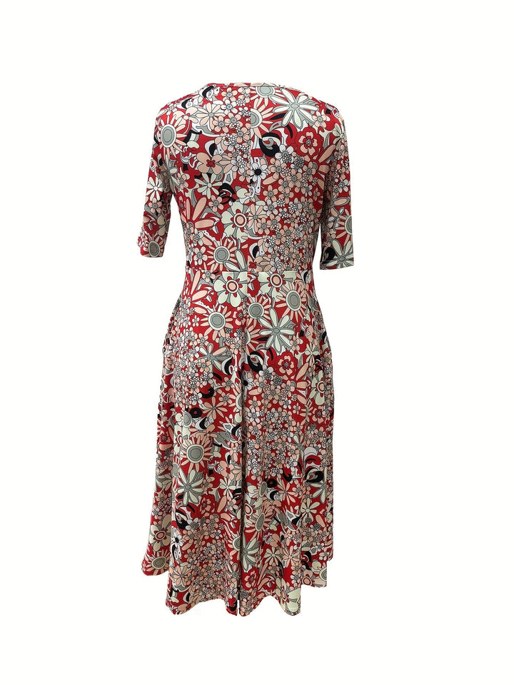 Gabi™-Elegant Floral Print V-Neck Midi Dress