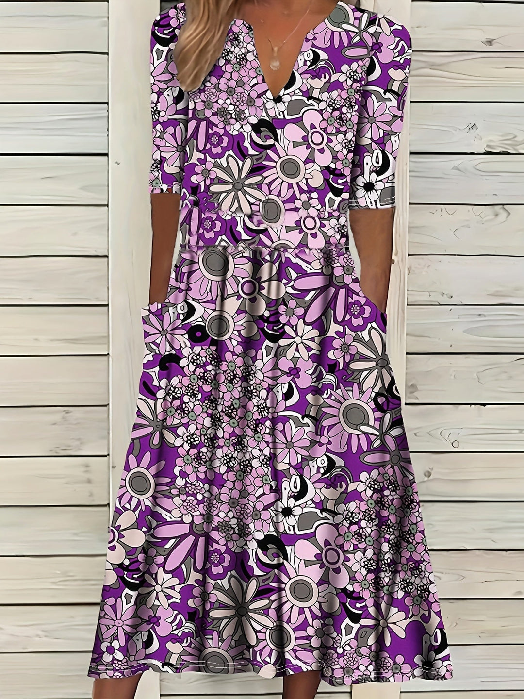 Gabi™-Elegant Floral Print V-Neck Midi Dress