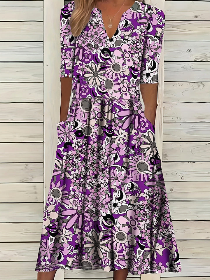 Gabi™-Elegant Floral Print V-Neck Midi Dress