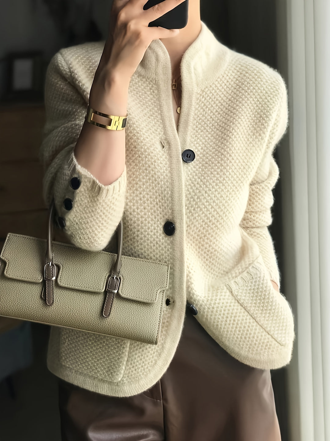 Odette | Women's Textured Knit Stand Collar Cardigan Jacket