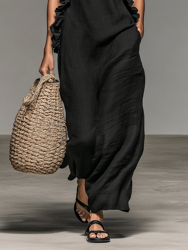 Ruffle Trim Halter Neck Sleeveless Linen Maxi Dress