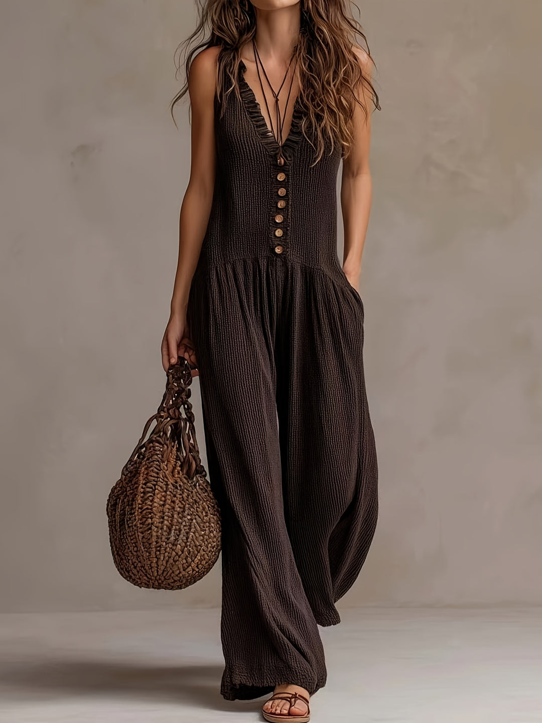 Ruffle V Neck Button Front Smocked Waist Wide Leg Jumpsuit