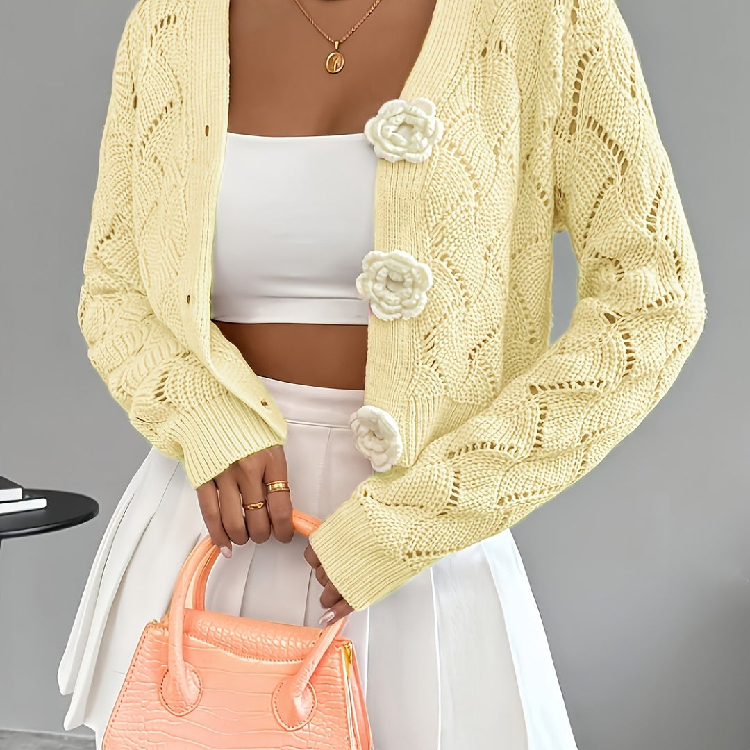 Celeste | Women's Crochet Knit Cardigan with 3D Floral Buttons