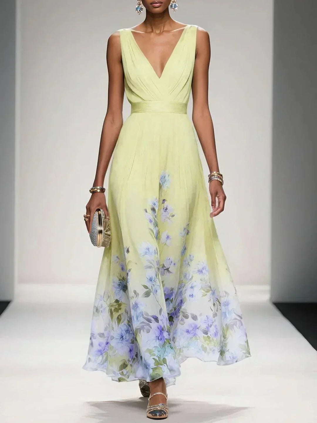 Floral Border Print Deep V Neck Ruched Chiffon Maxi Dress - Wedding Guest