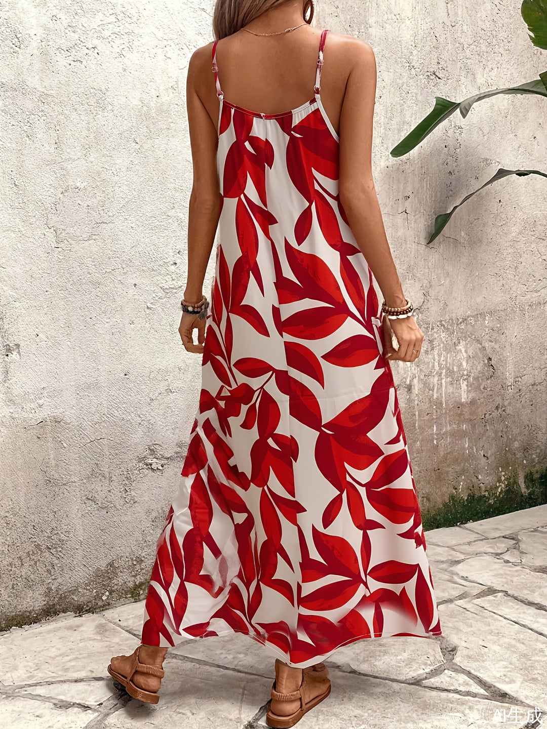Abstract Camo Print Spaghetti Strap V Neck Flowy Maxi Dress