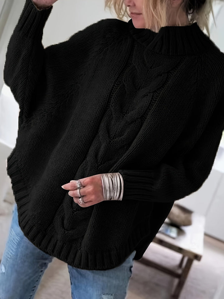 Petra | Women's Wool Cable Knit High Neck Sweater with Flared Hem