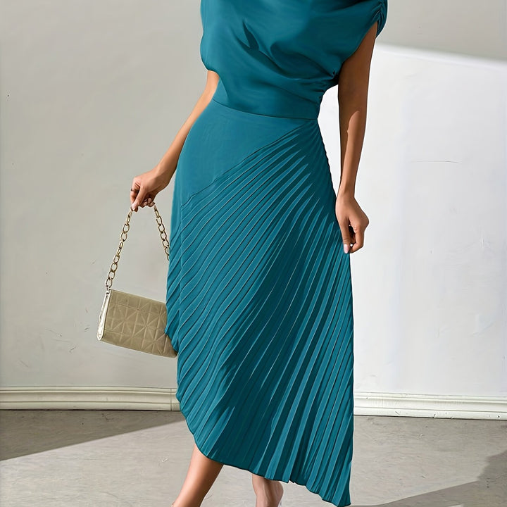 Draped One Shoulder Pleated Skirt Midi Dress - Wedding Guest