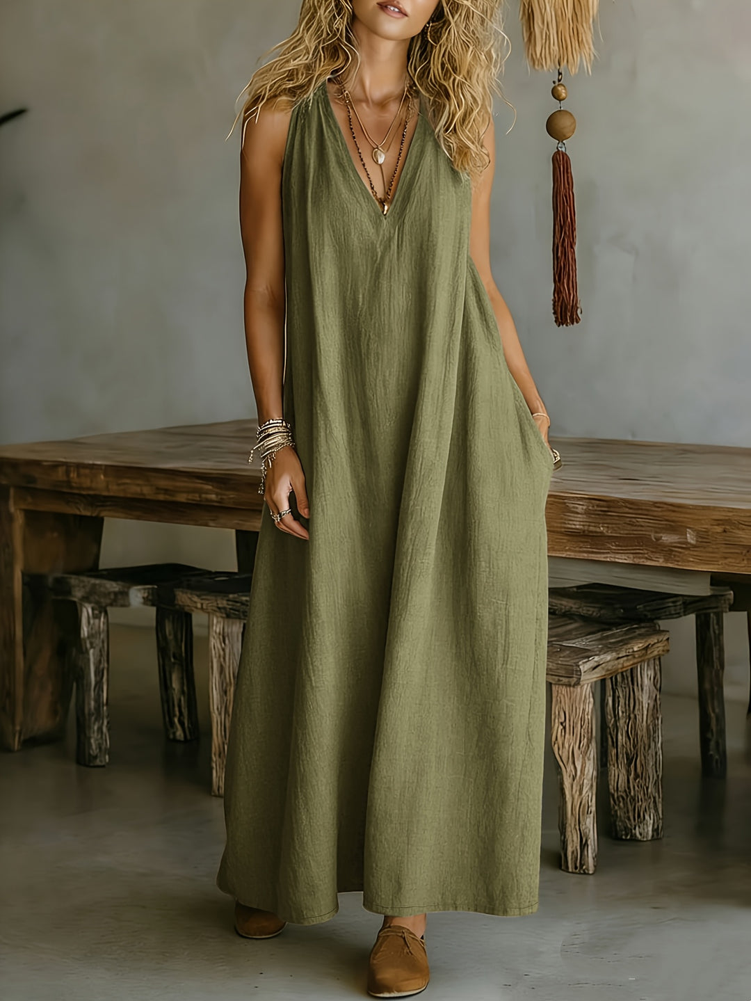 Linen Flowy V Neck Draped Casual Maxi Dress for Vacation