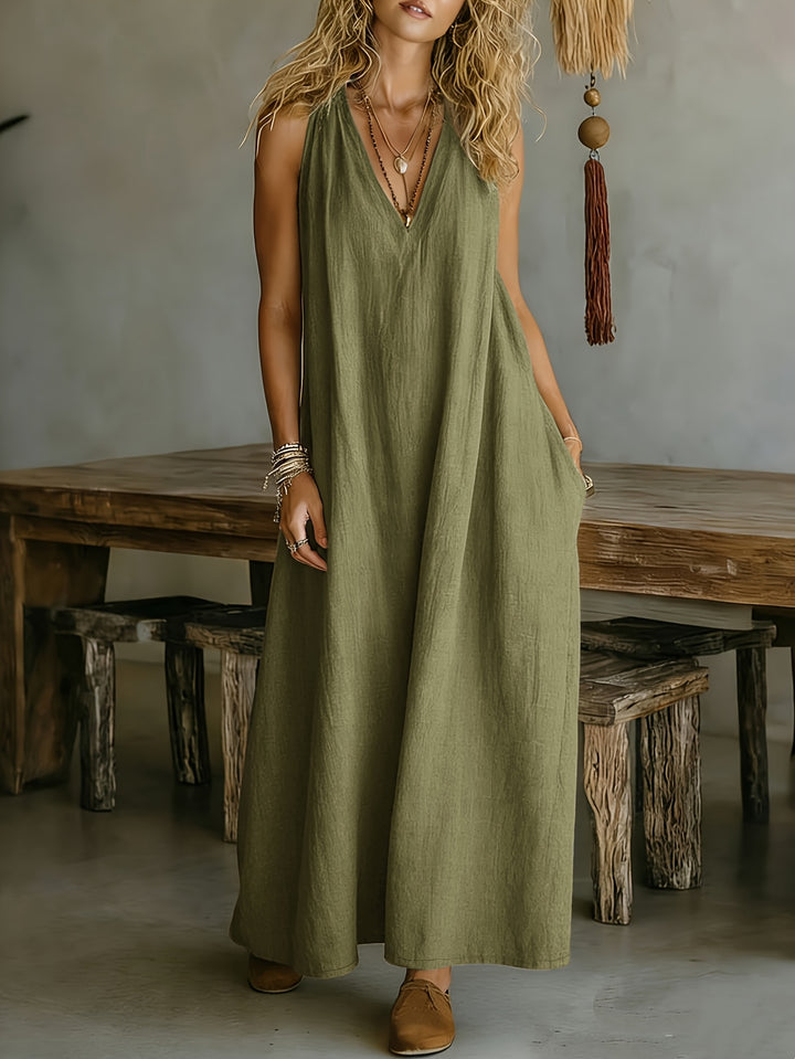 Linen Flowy V Neck Draped Casual Maxi Dress for Vacation