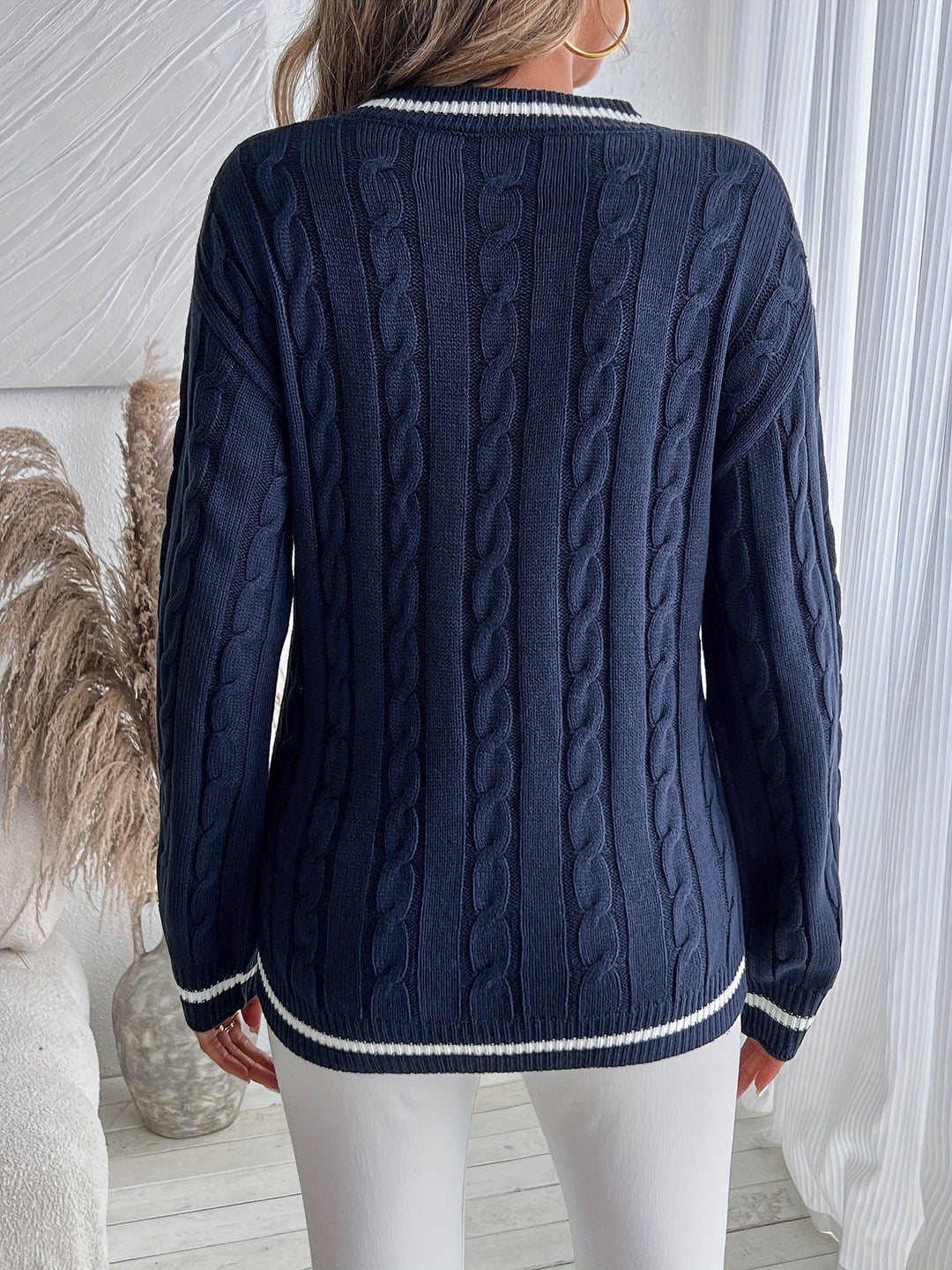 Cordelia | Women's Oversized V-Neck Striped Trim Cable Knit Sweater