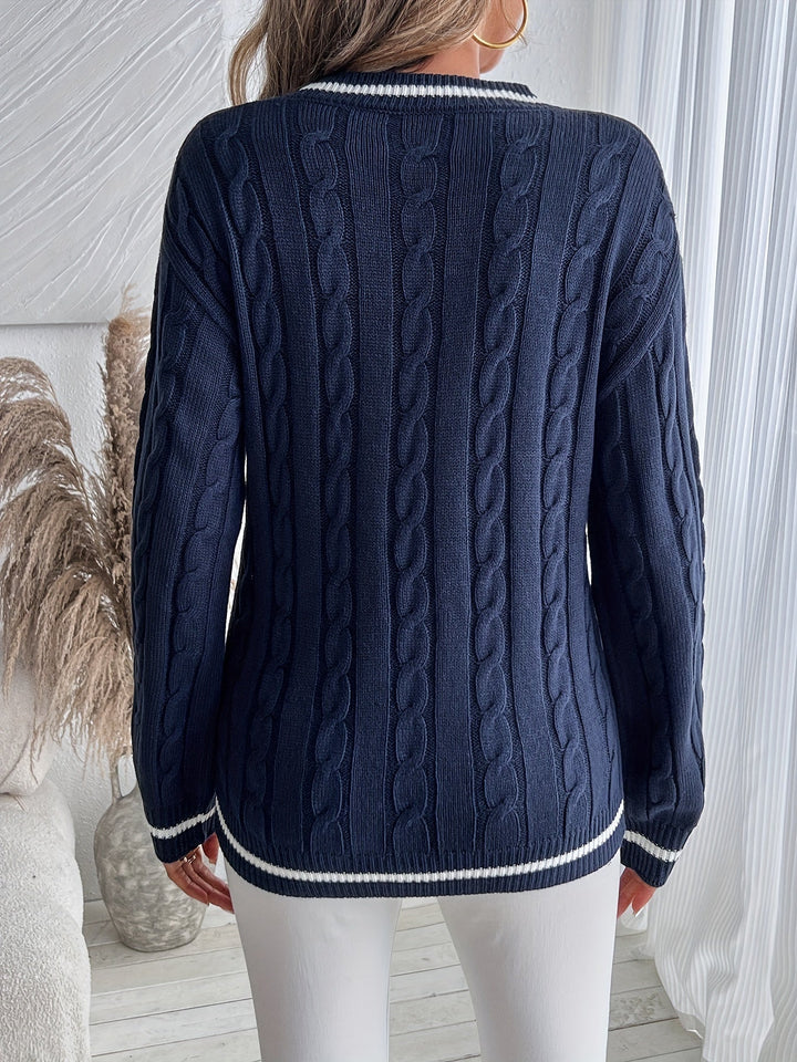 Cordelia | Women's Oversized V-Neck Striped Trim Cable Knit Sweater