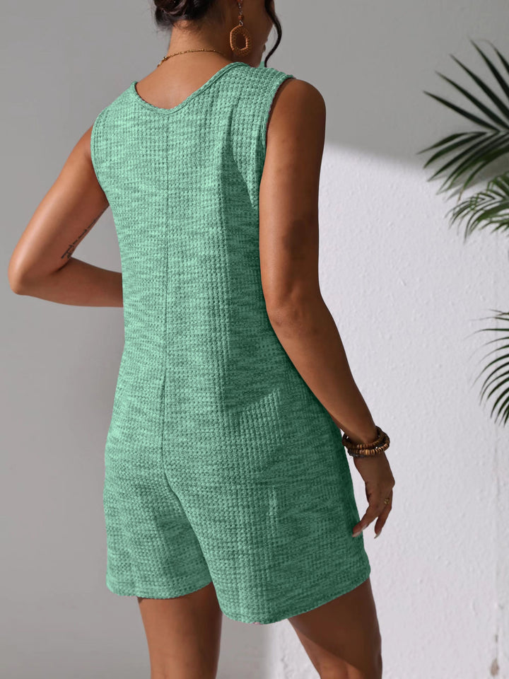Waffle Knit Scoop Neck Button Front Sleeveless Short Romper