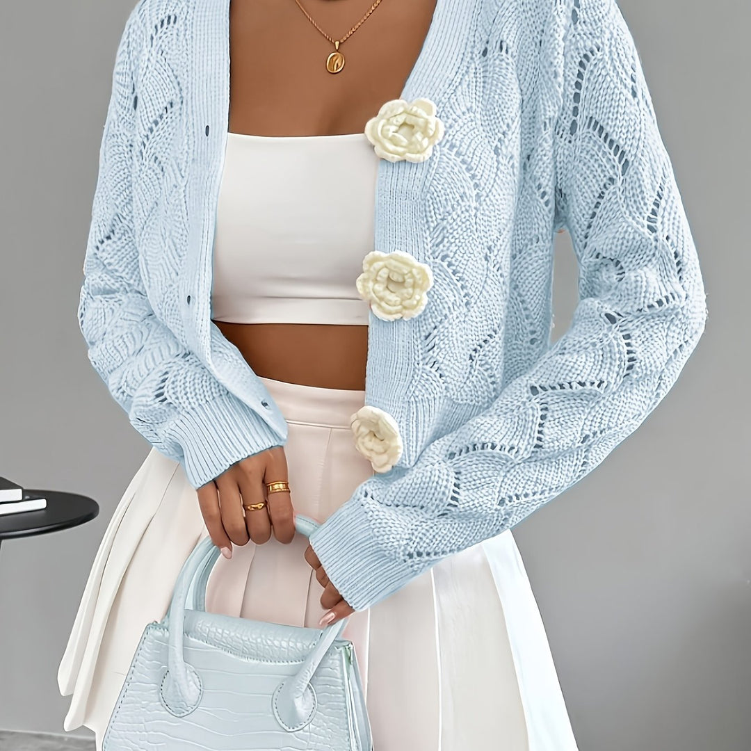 Celeste | Women's Crochet Knit Cardigan with 3D Floral Buttons
