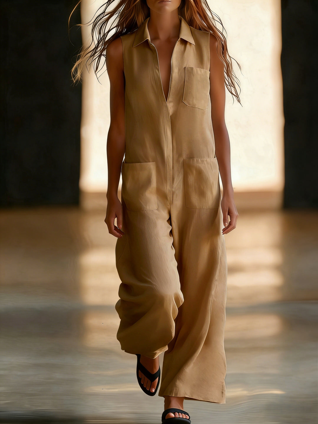 Linen Collared Sleeveless Wide Leg Utility Jumpsuit