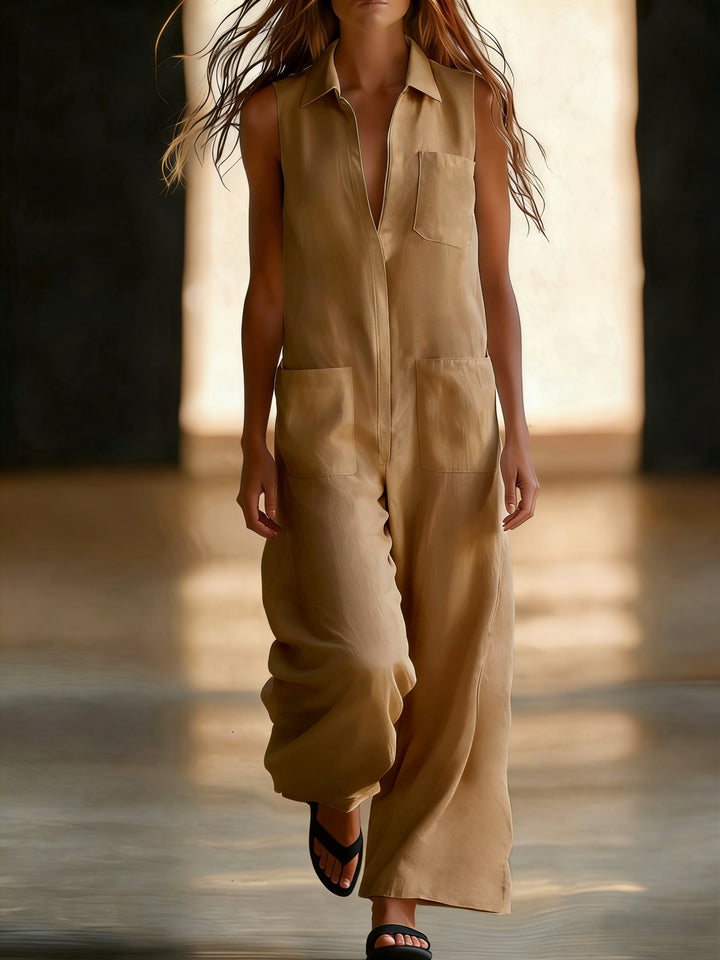 Linen Collared Sleeveless Wide Leg Utility Jumpsuit