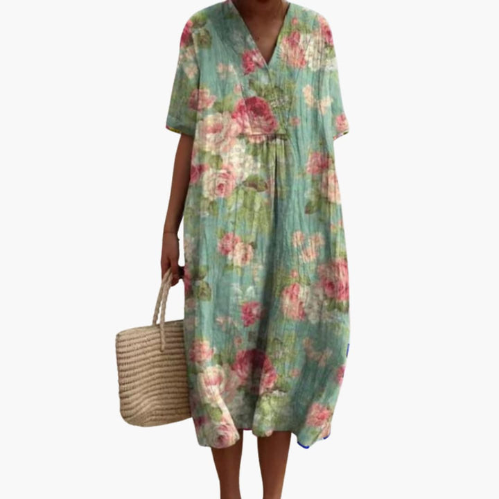 Floral Cotton V Neck Short Sleeve Oversized Casual Midi Dress