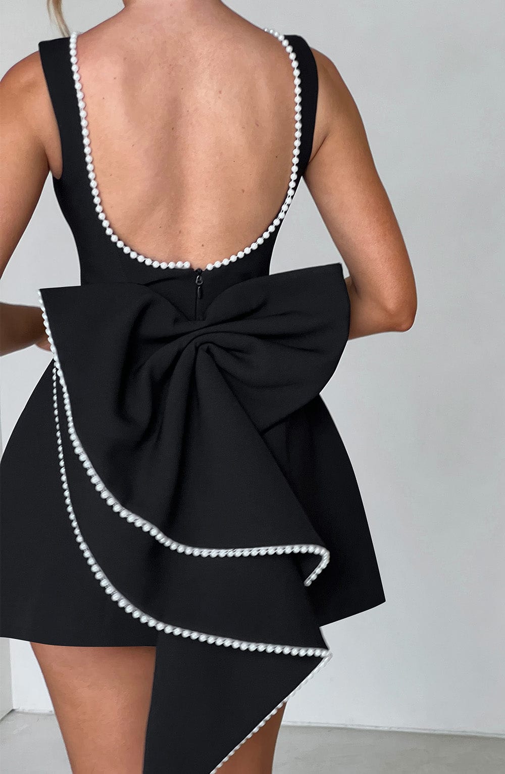 Pearl Trim Bow Detail Structured Sleeveless Mini Dress - Wedding Guest