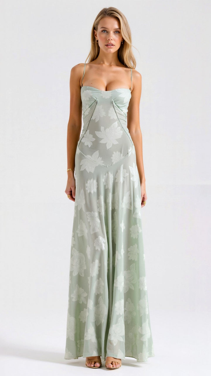 Jacquard Bustier Sweetheart Spaghetti Strap Maxi Dress - Formal Evening Gown
