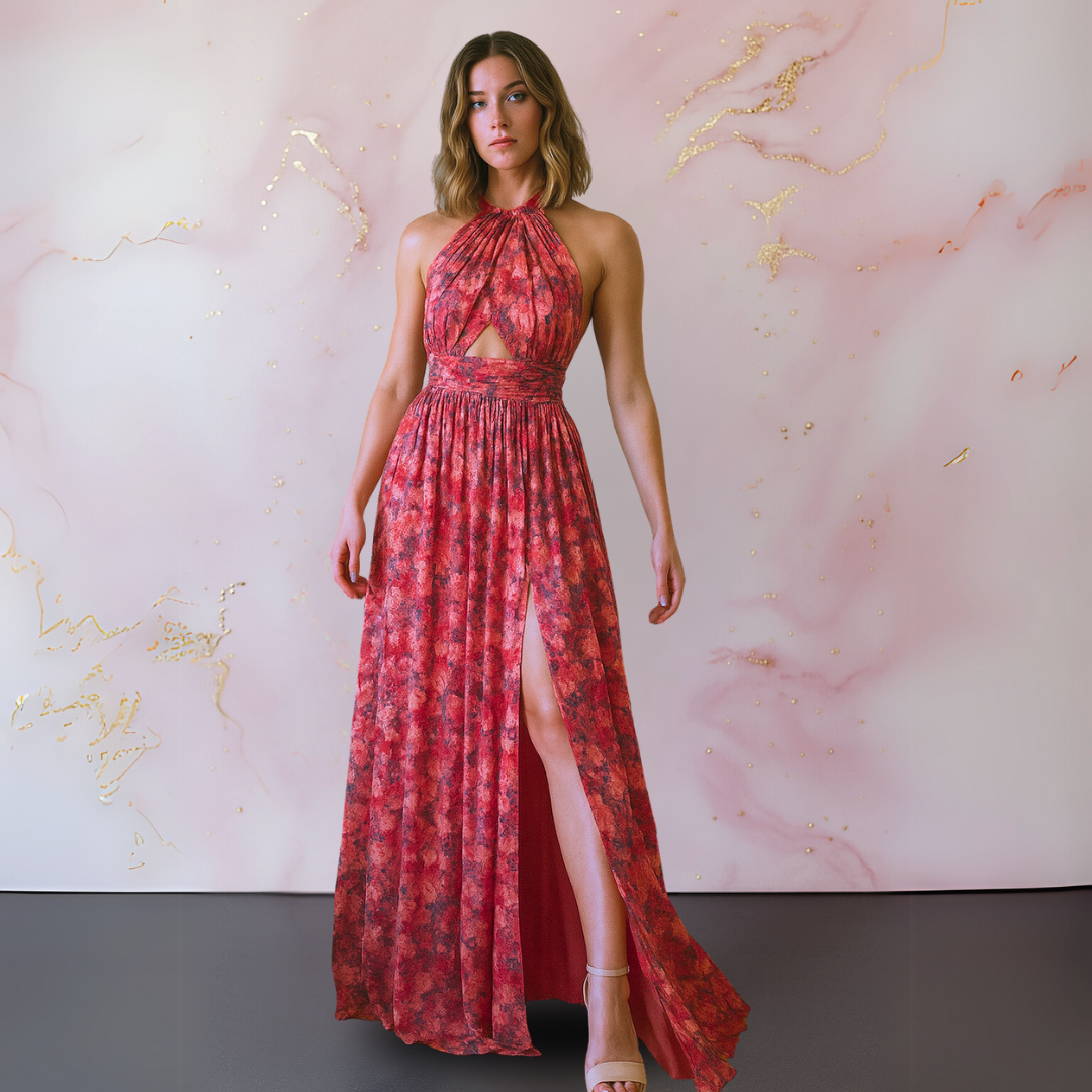 Floral Halter Neck Cut Out Waist High Split Flowy Maxi Dress - Wedding Guest