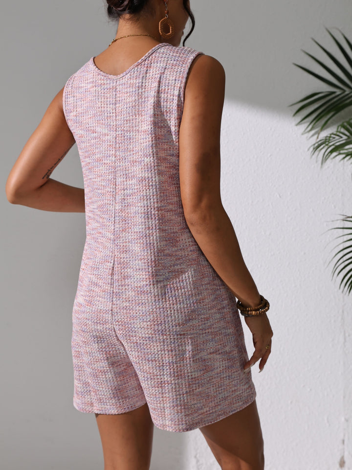 Waffle Knit Scoop Neck Button Front Sleeveless Short Romper