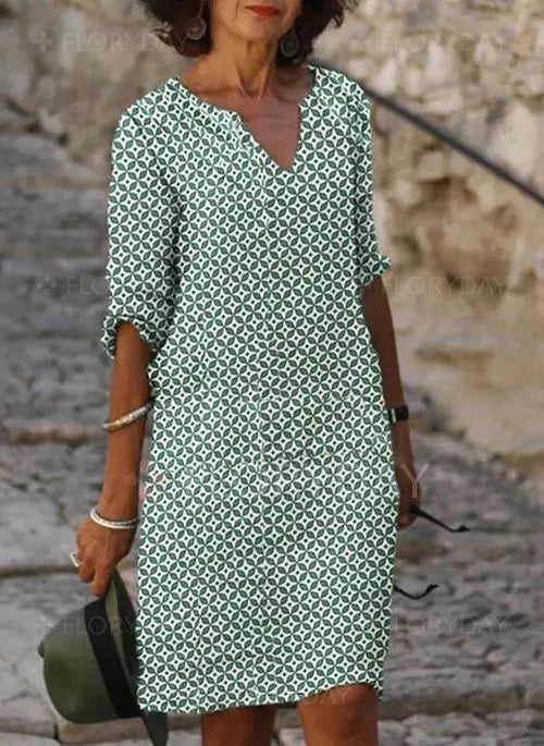 Geometric Print Notch Neck 3/4 Sleeve Casual Midi Dress