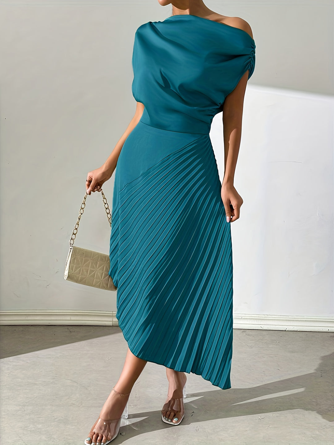 Draped One Shoulder Pleated Skirt Midi Dress - Wedding Guest