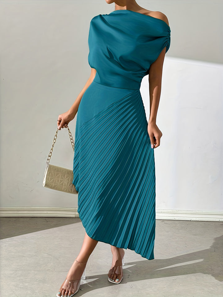 Draped One Shoulder Pleated Skirt Midi Dress - Wedding Guest