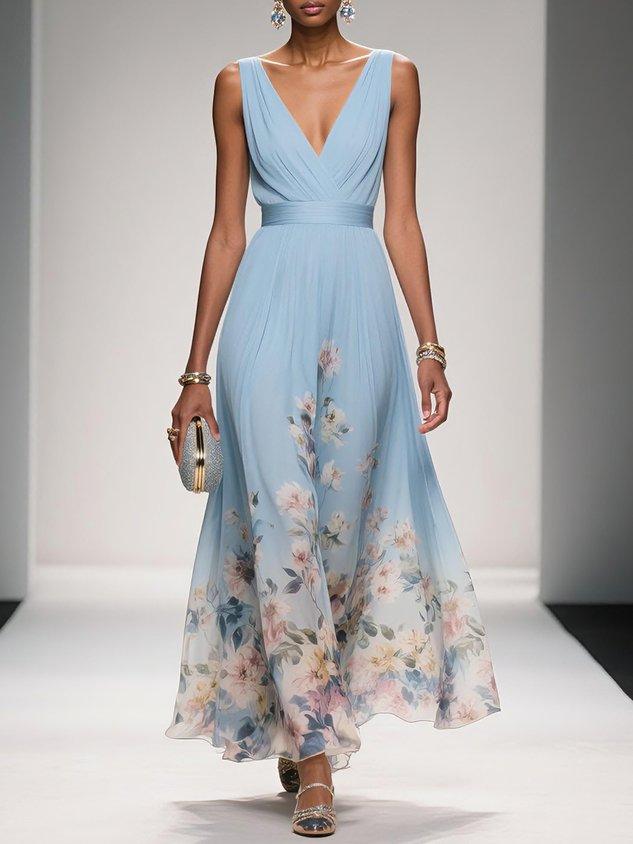 Floral Border Print Deep V Neck Ruched Chiffon Maxi Dress - Wedding Guest