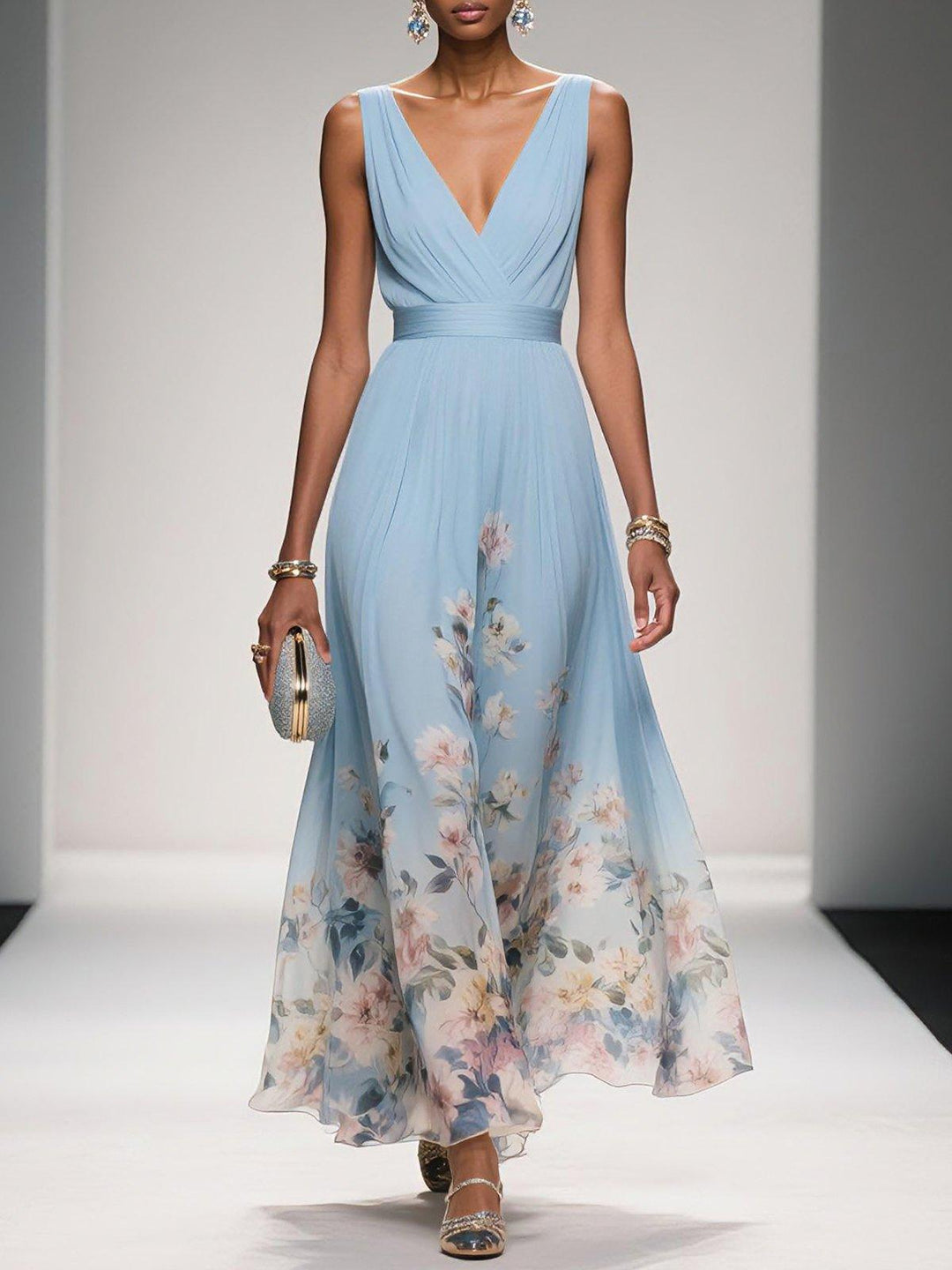 Floral Border Print Deep V Neck Ruched Chiffon Maxi Dress - Wedding Guest