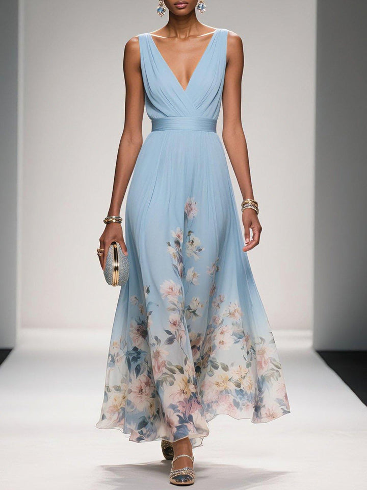 Floral Border Print Deep V Neck Ruched Chiffon Maxi Dress - Wedding Guest