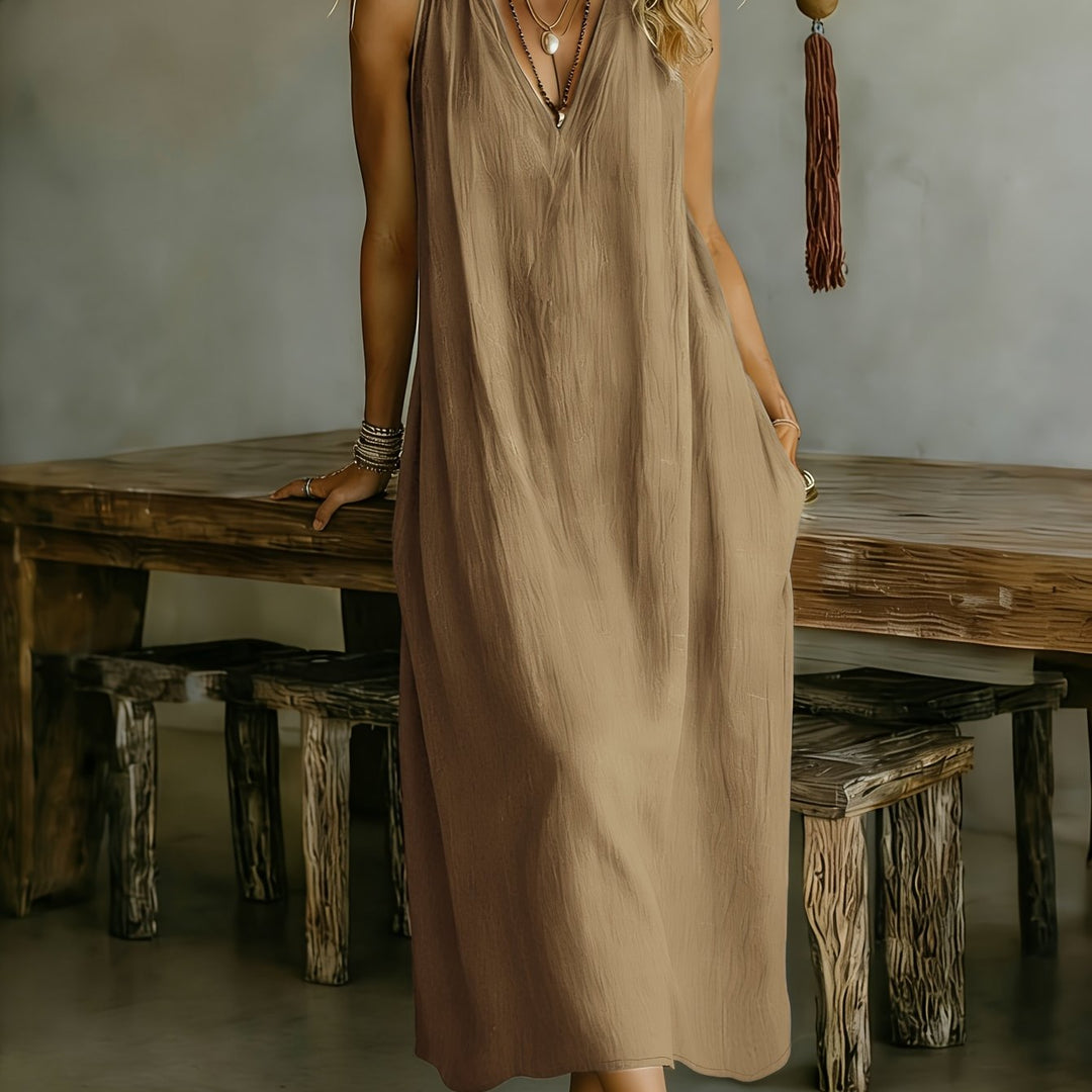 Linen Flowy V Neck Draped Casual Maxi Dress for Vacation