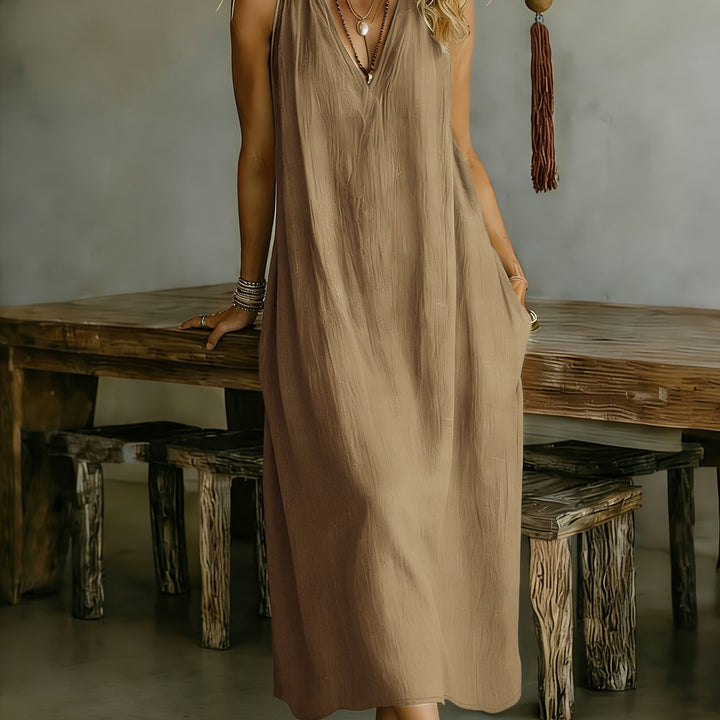 Linen Flowy V Neck Draped Casual Maxi Dress for Vacation