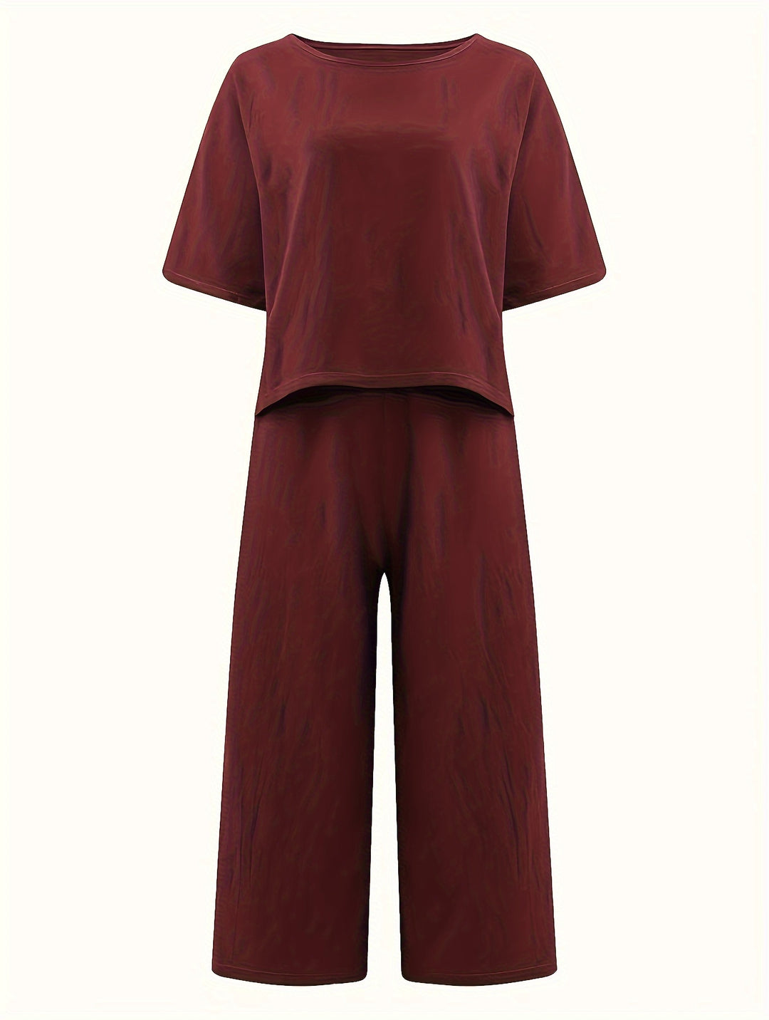 Linen Crew Neck Short Sleeve Top and Wide Leg Pants Set