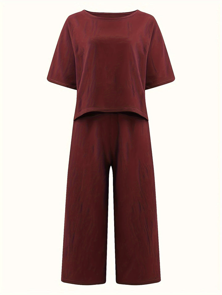 Linen Crew Neck Short Sleeve Top and Wide Leg Pants Set