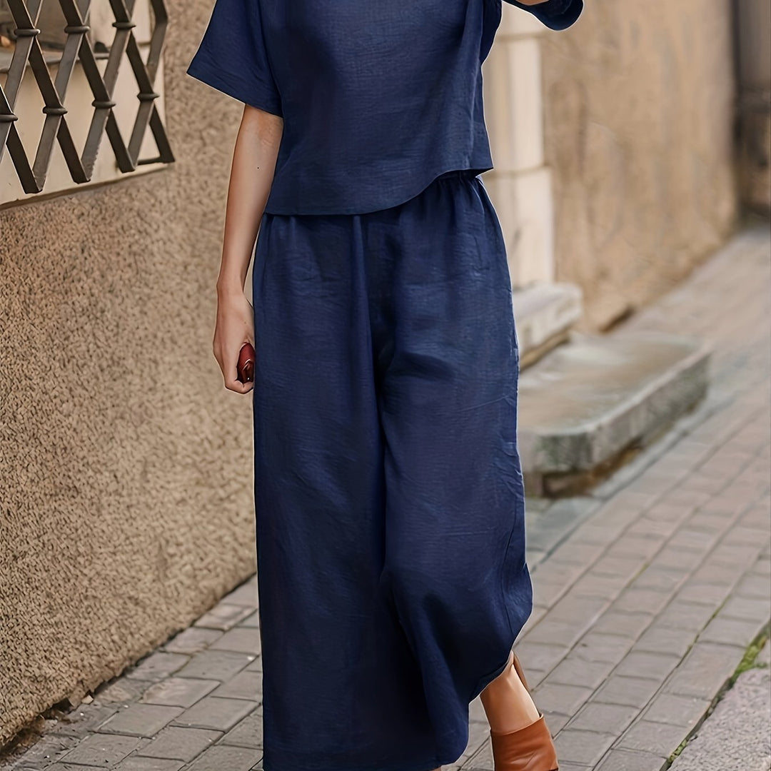 Linen Crew Neck Short Sleeve Top and Wide Leg Pants Set