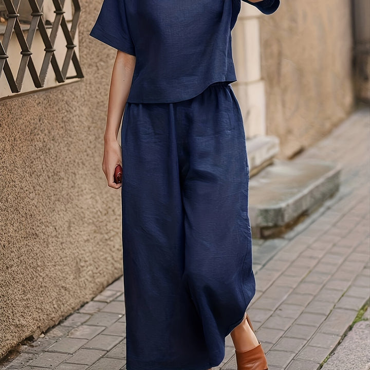 Linen Crew Neck Short Sleeve Top and Wide Leg Pants Set