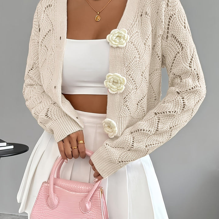 Celeste | Women's Crochet Knit Cardigan with 3D Floral Buttons